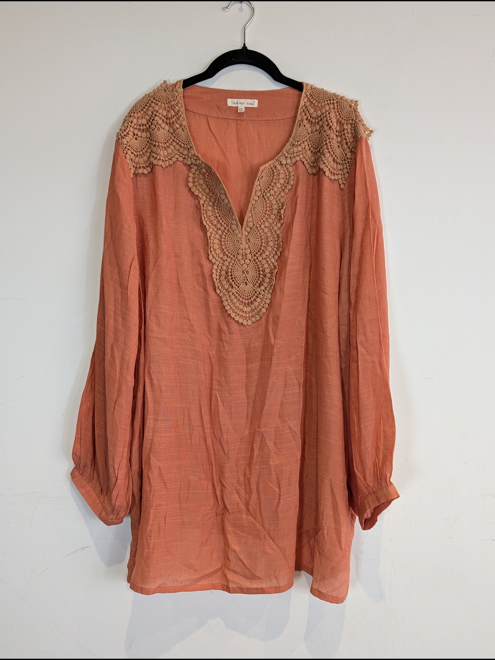 Indigo Soul Women's Rust Crochet-Trim Long Sleeve Tunic, Size XXL